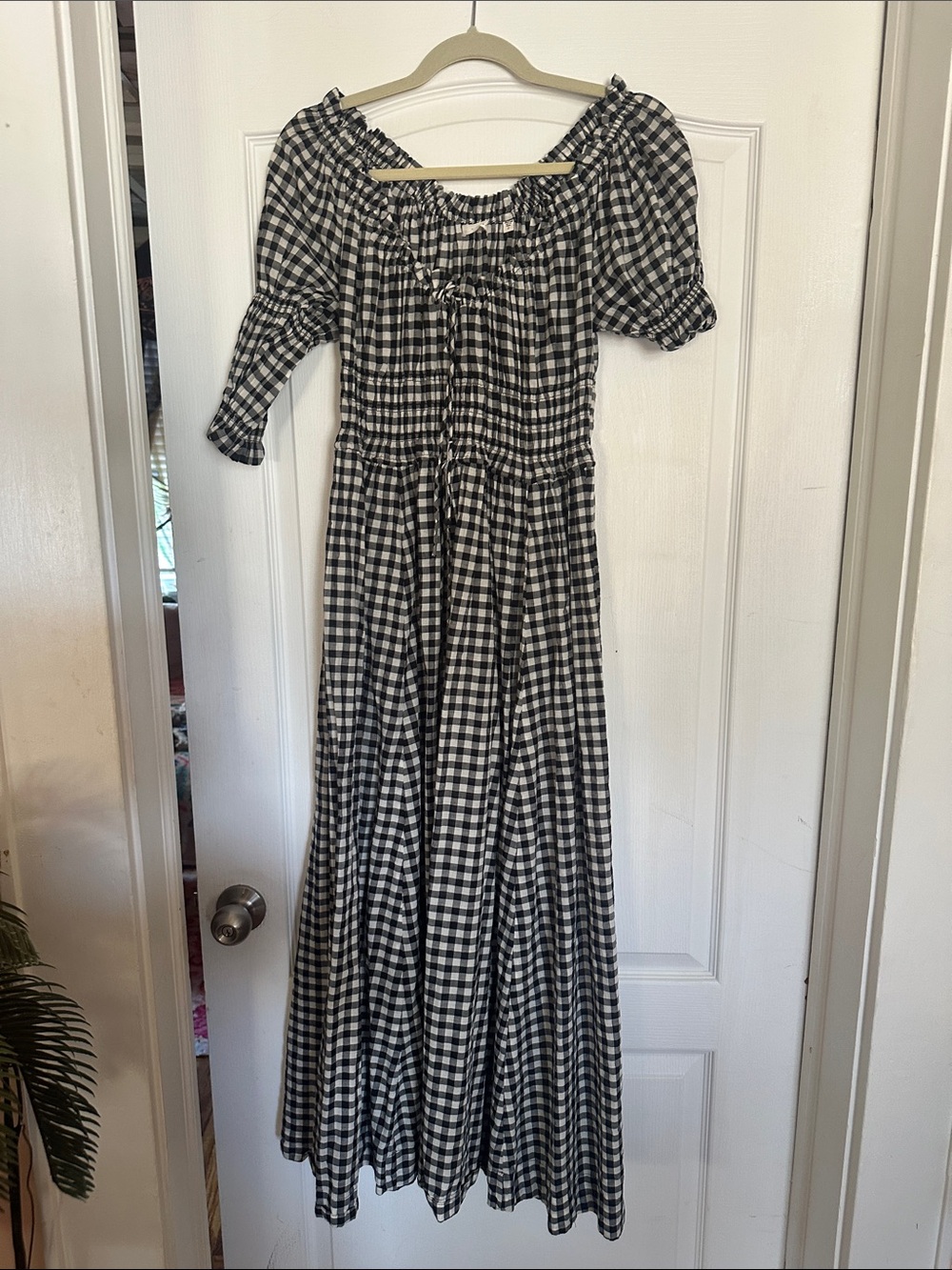 Doen Black & White Gingham Peasant Maxi Dress